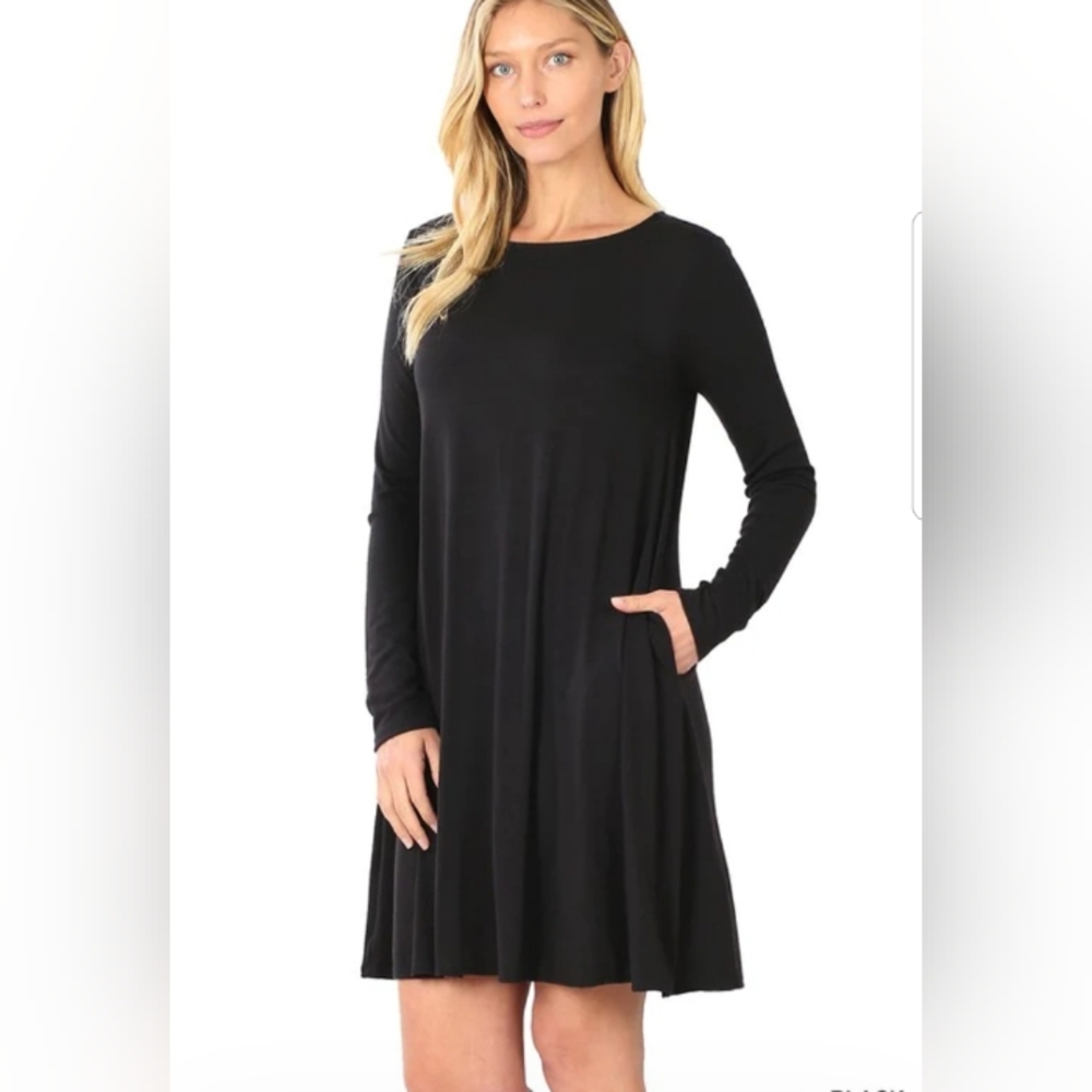 Zenana Premium black long sleeve flare dress with pockets